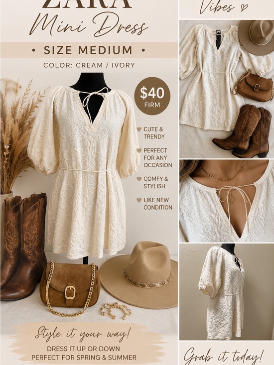 Zara Dresses & Skirts - ZARA Cream Textured Mini Dress with Puff Sleeves